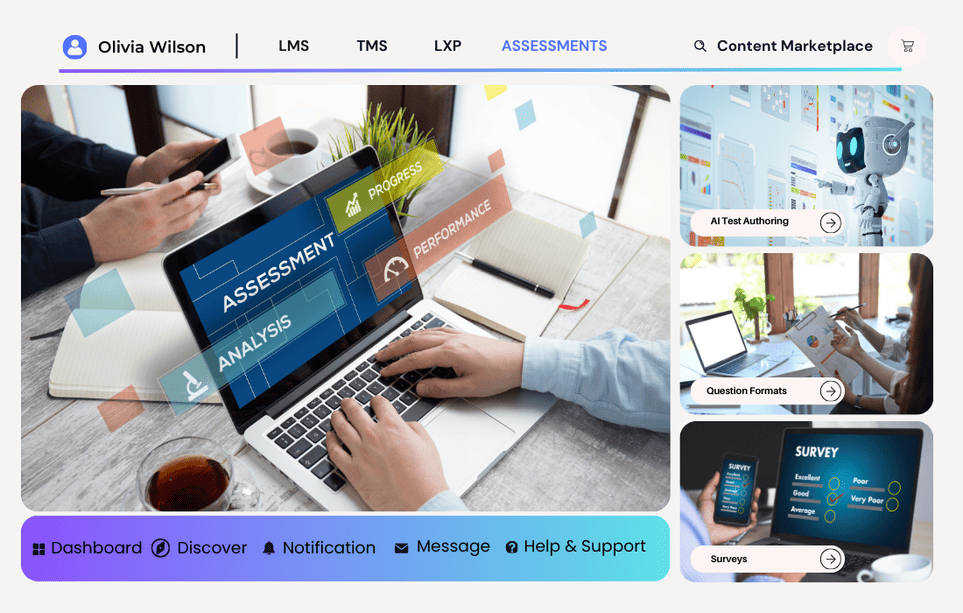 Advanced Assessments screen displaying AI-powered test authoring, dynamic question types, secure proctoring, and skill-gap analytics