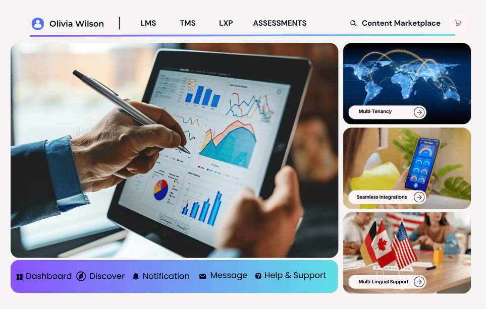 Enterprise learning dashboard showing corporate training pipelines, role-based learning paths, team analytics, and skill development tracking