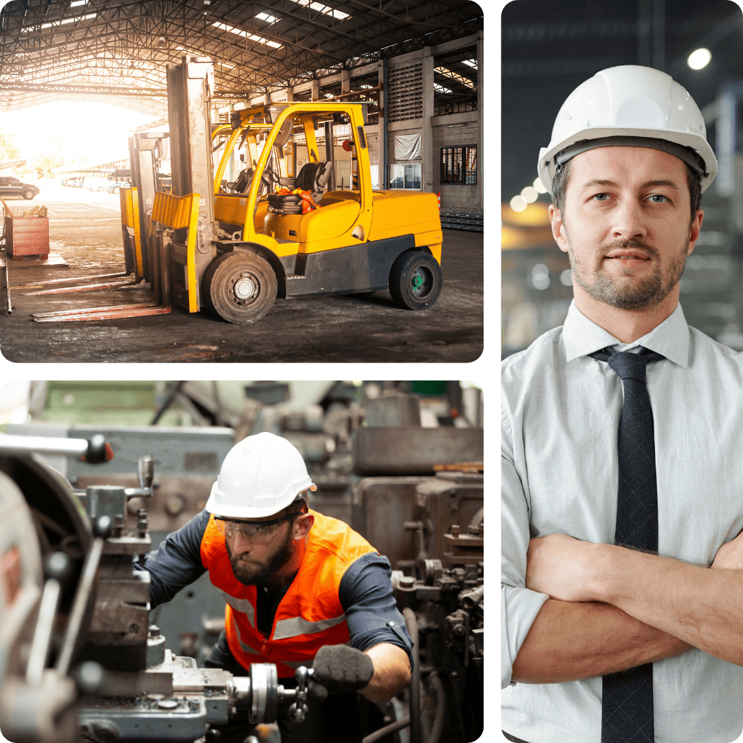 LMS for manufacturing, worker wearing safety harness accessing mobile compliance and equipment training on factory floor