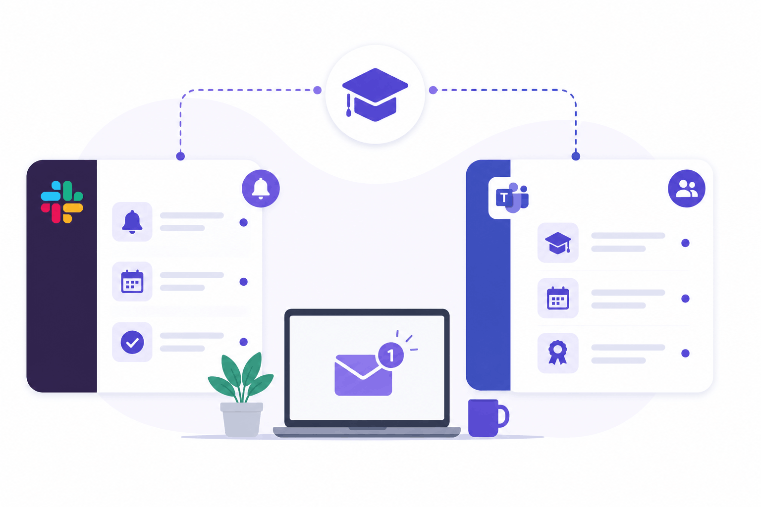 Vector illustration of SimpliTrain delivering training notifications and learning updates through Slack and Microsoft Teams integrations.
